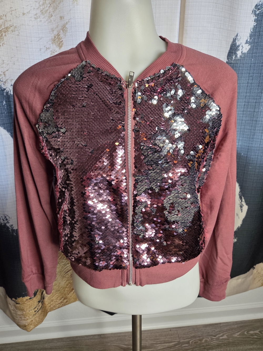 Beautees Rose Pink Sequin Bomber Jacket